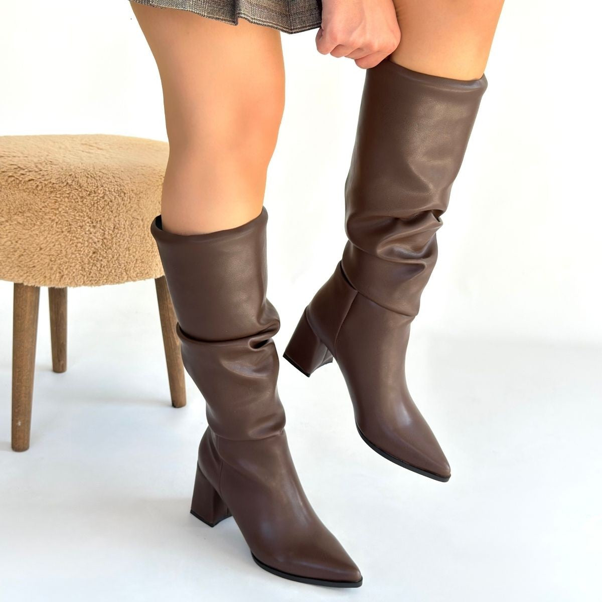 Pitay Kahverengi Cilt Körüklü Topuklu Çizme