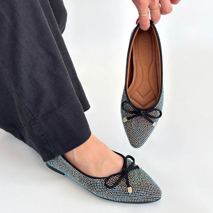 Sarra Siyah Saten İşlemeli Babet Ayakkabı