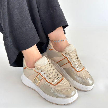 Tanwe Bej Cilt Bağcıklı Spor Ayakkabı