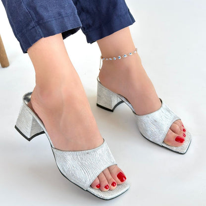 Luart Gümüş Simli Topuklu Terlik