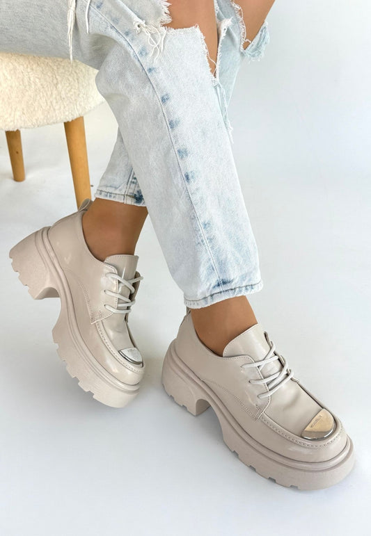 Kiya Bej Rugan Dolgu Topuk Oxford Ayakkabı