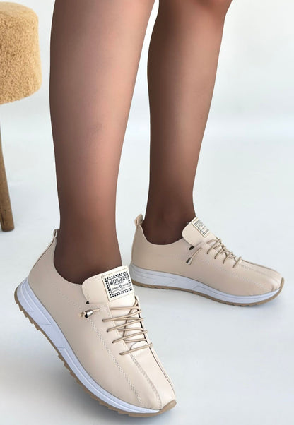 Monya Bej Cilt Bağcıklı Spor Ayakkabı