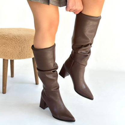 Pitay  Kahverengi Cilt Körüklü Topuklu Çizme